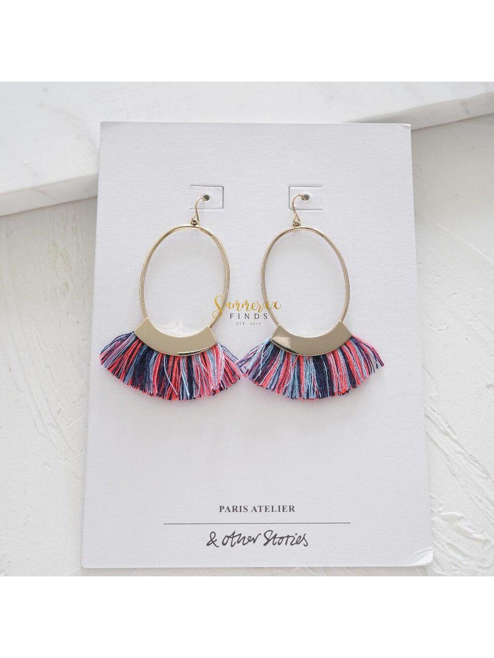 & Other Stories Gold Hoop Earrings with Pink, Navy & Light Blue Fringe